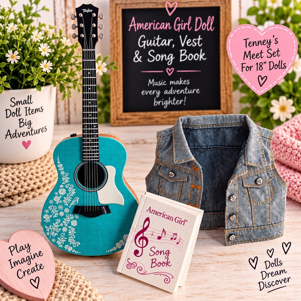 American Girl Tenney Grant Meet Set Guitar Denim Vest Songbook 18 Inch Doll